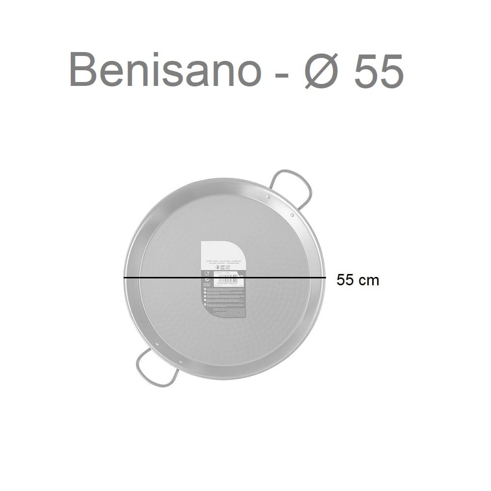 Paellera de acero pulido, diámetro 34-70 cm, capacidad 6-30 raciones - Benisano 55 cm