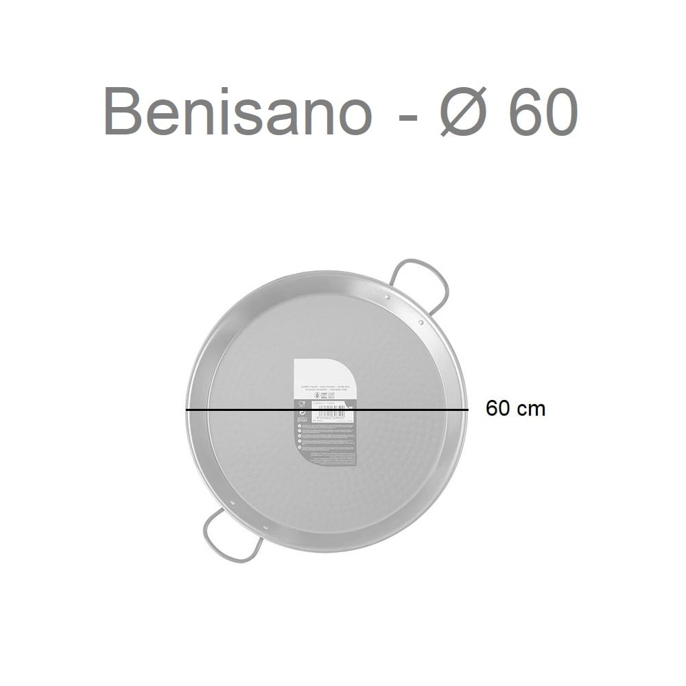 Paellera de acero pulido, diámetro 34-70 cm, capacidad 6-30 raciones - Benisano 60 cm
