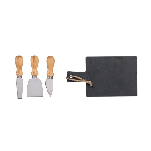 Tabla de quesos pizarra con 3 cuchillos de acero y mangos color madera - Reblochon