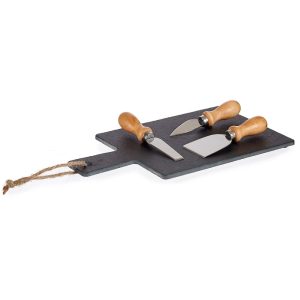 Tabla de quesos pizarra con 3 cuchillos de acero y mangos color madera, decorado - Reblochon