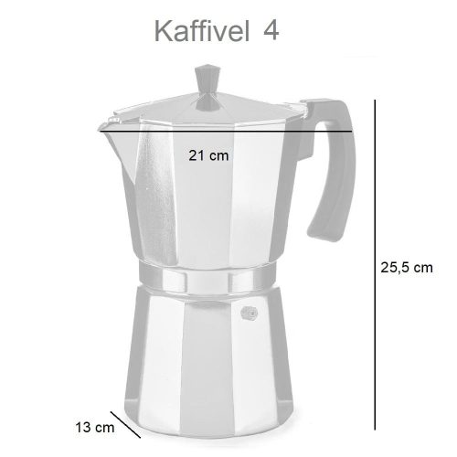 Medidas. Cafetera de aluminio, plateada, asa negra, 650 ml, 12 tazas - Kaffivel