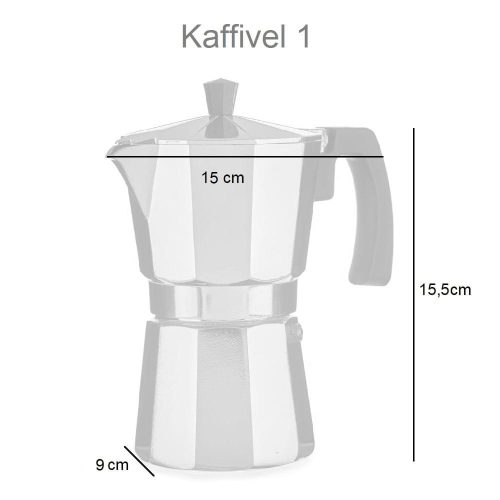 Medidas. Cafetera de aluminio, plateada, asa negra, 150 ml, 3 tazas - Kaffivel