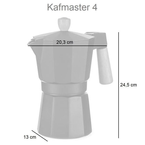 Medidas. Cafetera de aluminio, negra, asa de madera, 650 ml, 12 tazas - Kafmaster