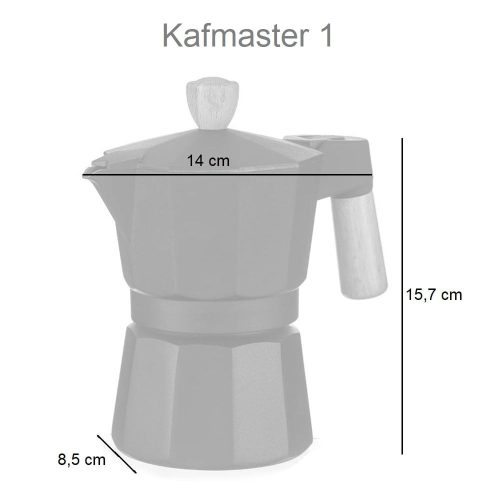 Medidas. Cafetera de aluminio, negra, asa de madera, 150 ml, 3 tazas - Kafmaster