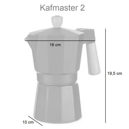 Medidas. Cafetera de aluminio, negra, asa de madera, 300 ml, 6 tazas - Kafmaster