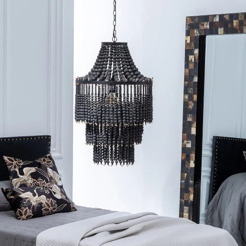 Ambiente. Lámpara metálica de techo, cuentas colgantes madera color negro, 1 bombilla - Alhambra