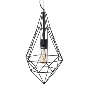 Lámpara colgante metal, diseño geométrico abstracto, líneas parte superior, 1 bombilla, negra - Almazul