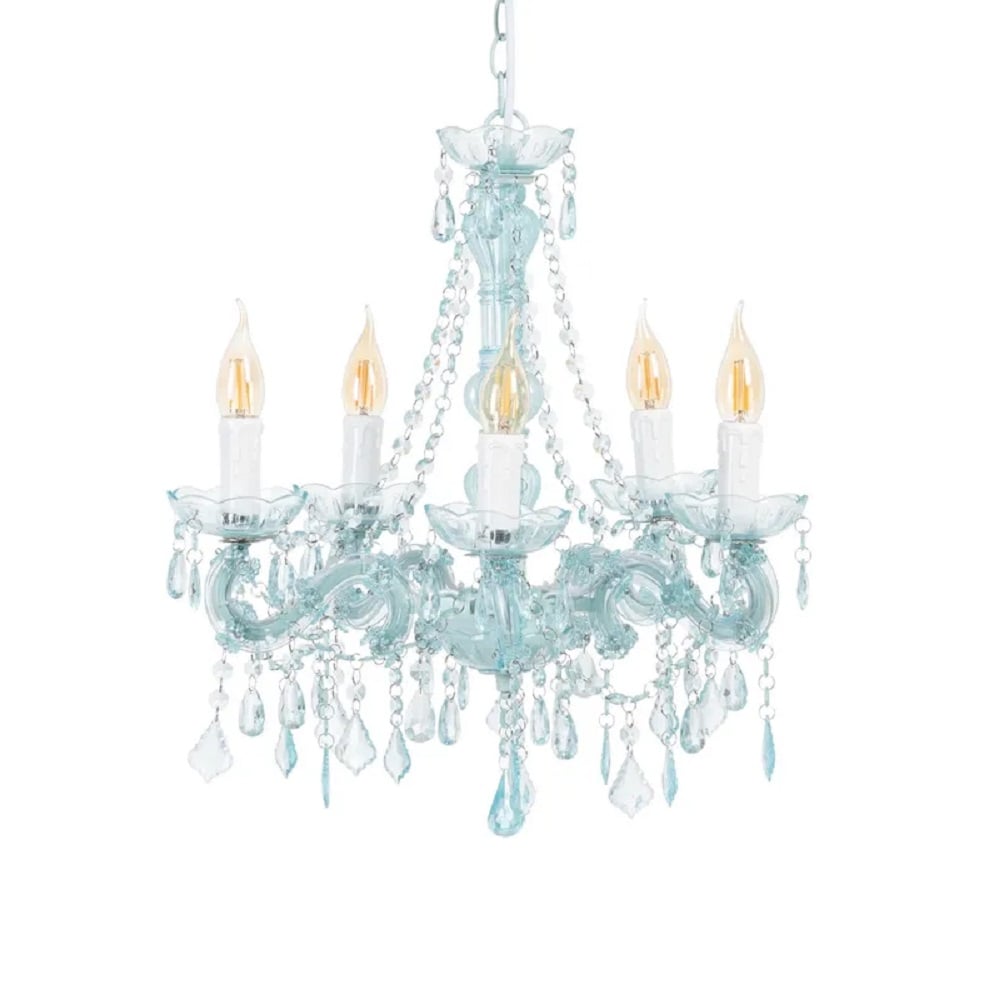Lámpara techo, metal y acrílico, estilo candelabro, 5 bombillas, cadenas decorativas - Alginet Azul