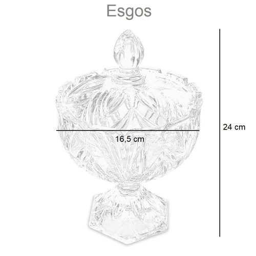 Medidas. Bombonera de cristal con tapa en forma de copa, diseño hojas - Esgos