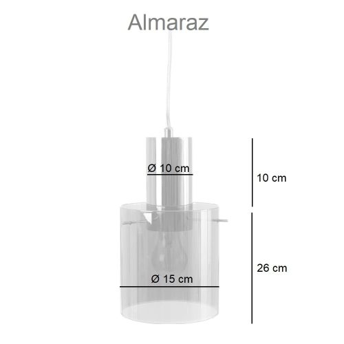 Medidas. Lámpara colgante de cristal y metal color plateado, forma cilíndrica, 1 bombilla - Almaraz