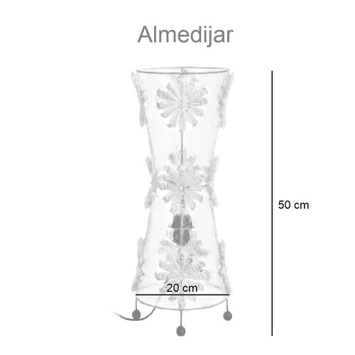 Medidas. Lámpara de pie, diseño jarrón con flores, fibra natural y capiz, soportes esféricos - Almedijar