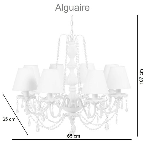 Medidas. Lámpara techo, metal, tulipas de algodón, estilo clásico, adornos acrílicos - Alguaire
