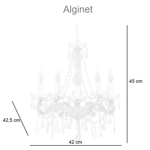 Medidas. Lámpara techo, metal y acrílico, estilo candelabro, 5 bombillas, cadenas decorativas - Alginet