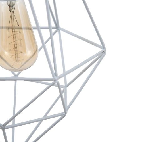 Vista cerca. Lámpara colgante metal, diseño geométrico abstracto, líneas parte superior, 1 bombilla, blanca - Almazul