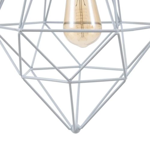 Vista parte inferior. Lámpara colgante metal, diseño geométrico abstracto, líneas parte superior, 1 bombilla, blanca - Almazul