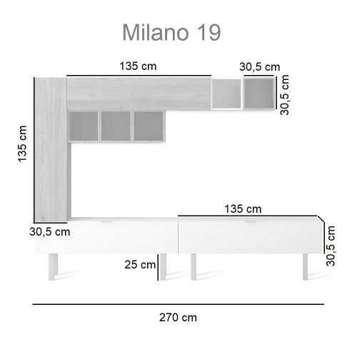 Medidas. Conjunto salón muebles patas puerta, 5 cubos, módulo vertical 1 horizontal. - Milano 19