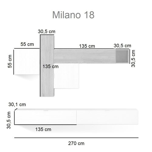 Medidas. Juego salón 3 muebles horizontales, 2 módulos cuadrados, mueble vertical, cubo. - Milano 18