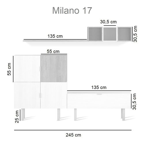 Medidas. Set salón muebles patas puerta, 1 horizontal 4 cuadrados, 3 cubos, balda. - Milano 17