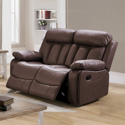 Sofá relax reclinable, dos plazas, tapizado en tela, colores varios, marrón, ambiente - Roma
