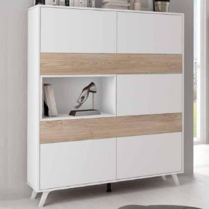 Vitrina 5 módulos con puertas, 1 módulo abierto, patas inclinadas, roble-blanco, decorada - Siena