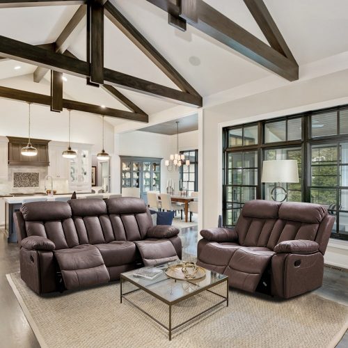 Ambiente. Conjunto de sofás 2+3 plazas relax, reposapiés abatibles, respaldo reclinable, marrón - Roma