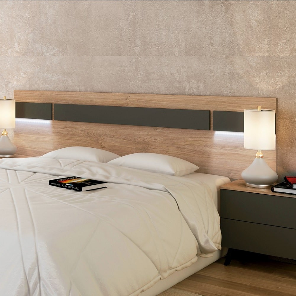 Cabecero de pared, luces led, 210 cm, tableros decorativos horizontales - Siena Roble-gris
