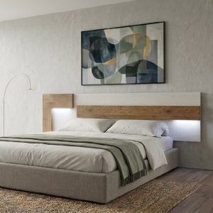 Cabecero de pared, luces led, anchura 210 cm, roble - blanco con vetas, instalado en dormitorio - Pienza