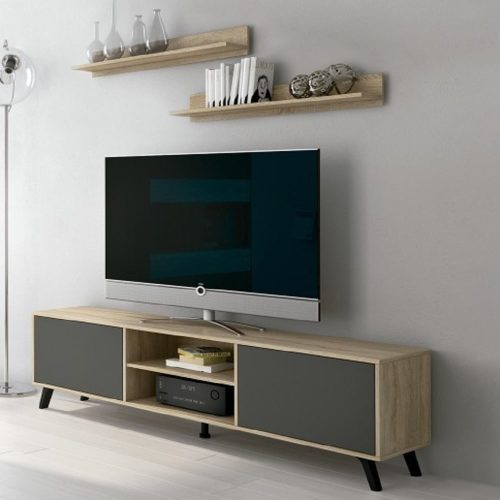 Conjunto mueble TV puertas, baldas abiertas, estante en forma de L para colgar, roble-gris - Siena