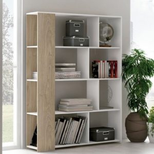 Estantería forma asimétrica, 4 niveles, 8 baldas abiertas cuadradas y rectangulares, roble-blanco - Siena