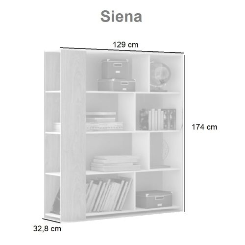 Medidas. Estantería forma asimétrica, 4 niveles, 8 baldas abiertas cuadradas y rectangulares - Siena