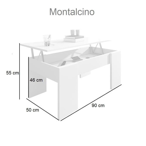 Medidas. Mesa centro con tapa elevable, con almacenamiento oculto, patas anchas, blanco - Montalcino