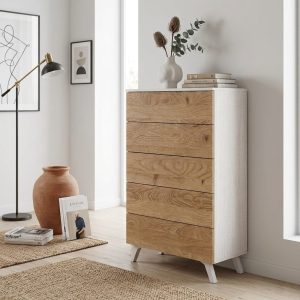 Handleless 5-drawer tallboy, oak and white wood-grain, bedroom setting – Siena