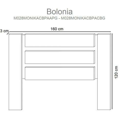 Medidas. Cabecero de pie 160 cm, 2 patas, tableros decorativos horizontales - Bolonia