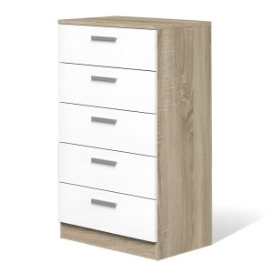 Sinfonier 5 cajones, blanco con roble, tiradores rectangulares - Bolonia