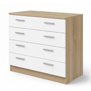 Cómoda color blanco con roble, 4 cajones para almacenaje, 4 tiradores – Bolonia