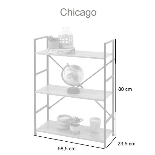 Medidas. Estantería 3 baldas, ancha, estilo industrial, alto 80 cm - Chicago