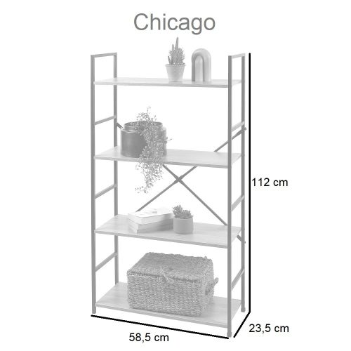 Medidas. Estantería 4 baldas, ancha, estilo industrial, alto 112 cm - Chicago