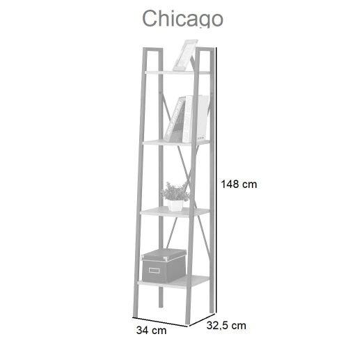 Medidas. Estantería 4 baldas, tipo escalera, estilo industrial, alto 148 cm - Chicago