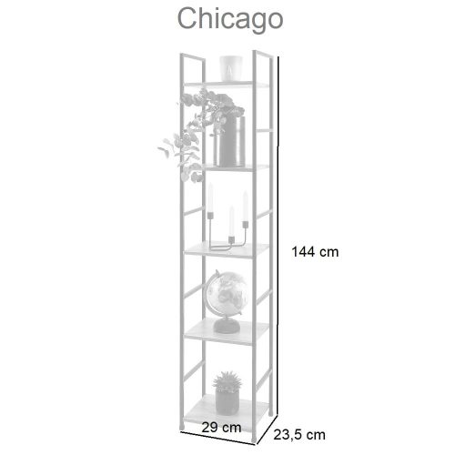 Narrow Industrial Style Bookcase, 5 Shelves, 144 cm High - Chicago - Image 2