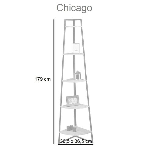 Medidas. Estantería de esquina, 5 baldas, estilo industrial, alto 179 cm - Chicago