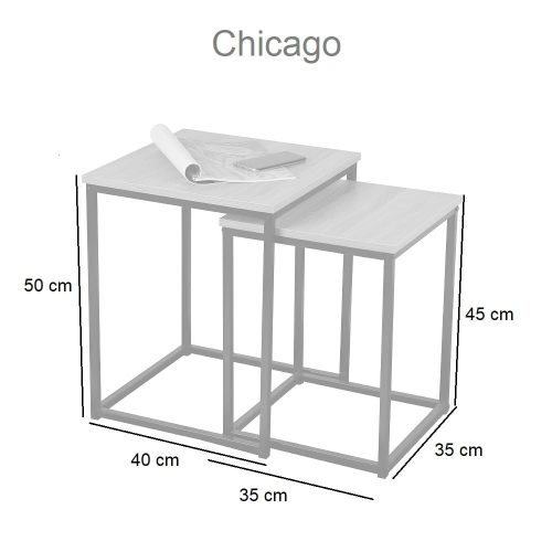 Medidas. Juego de 2 mesas laterales, estructura metálica negra, 2 tamaños distintos - Chicago