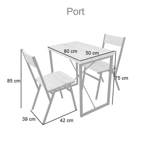 Medidas. Juego de mesa rectangular pequeña + 2 sillas, bicolor negro-roble. - Port