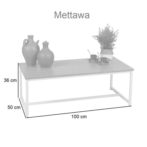 Medidas. Mesa centro rectangular tope color madera, soportes metálicos blancos - Mettawa