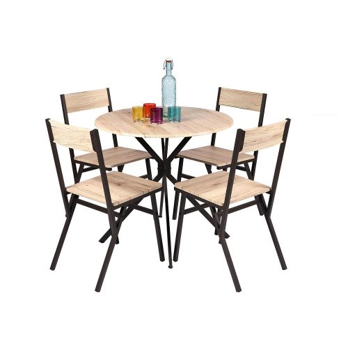 Set de comedor mesa redonda pequeña + 4 sillas, bicolor negro-roble, decorada - Port