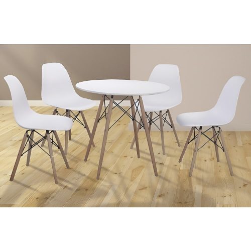 Conjunto comedor estilo nórdico, mesa redonda, 4 sillas, patas madera, blanco - Malmo