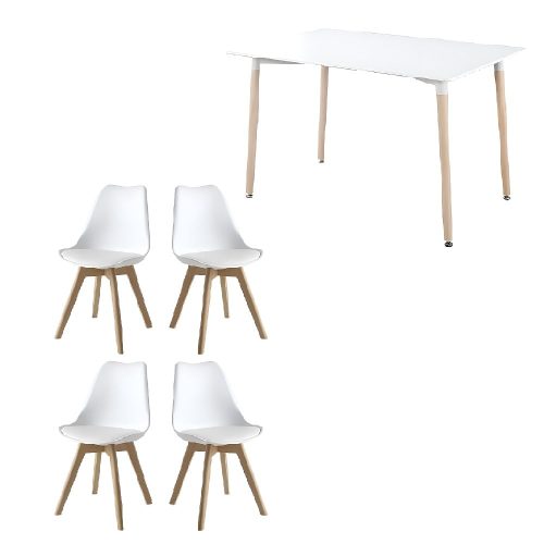 Conjunto comedor estilo nórdico, mesa redonda, 4 sillas, patas madera, blanco.- Malmo