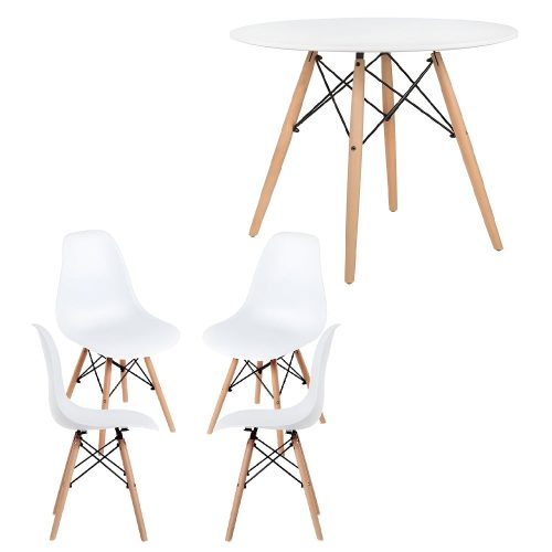 Conjunto comedor estilo nórdico, mesa redonda, 4 sillas, patas madera, blanco. - Malmo