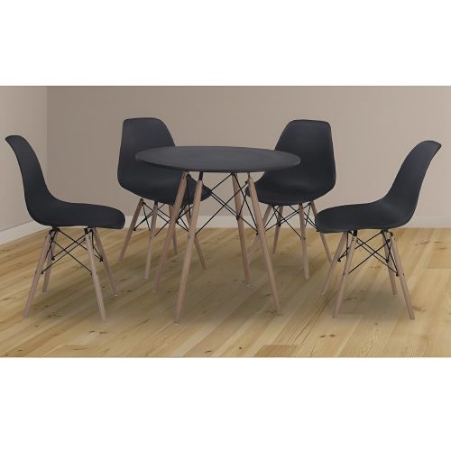 Conjunto comedor estilo nórdico, mesa redonda, 4 sillas, patas madera, negro - Malmo