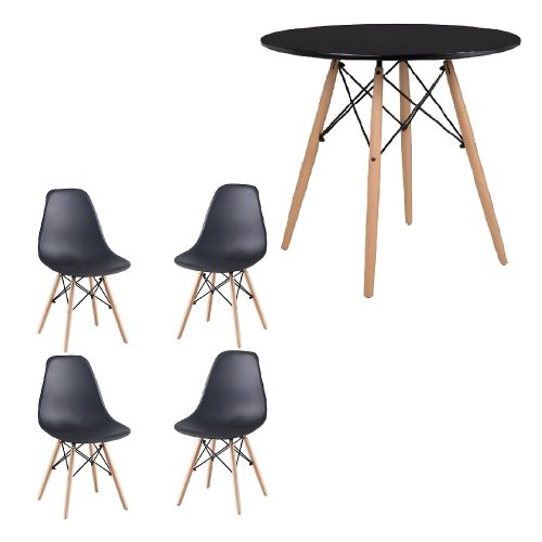 Conjunto comedor estilo nórdico, mesa redonda, 4 sillas, patas madera, negro. - Malmo