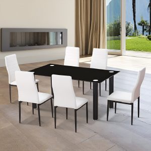 Conjunto comedor mesa 140 x 80 cm rectangular, 6 sillas piel sintética, blanco-negro - Seano